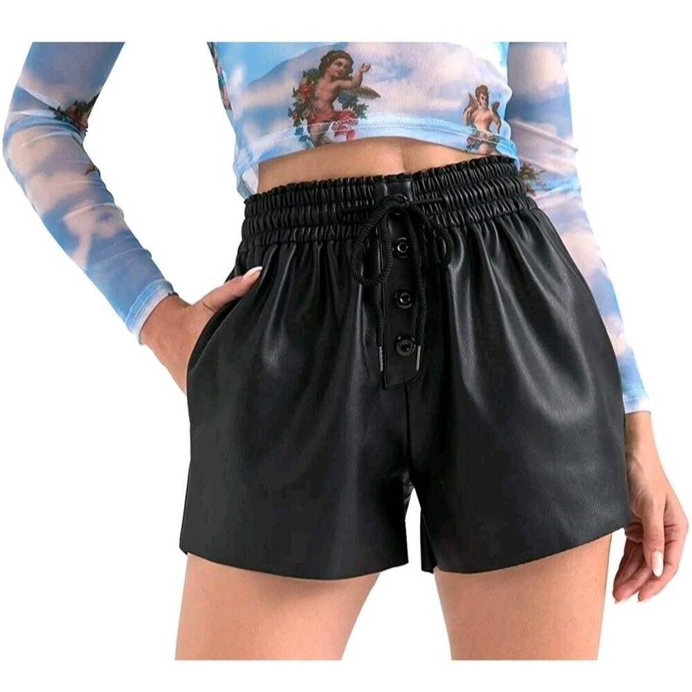TAGOO Faux Leather Black Paperbag Wide Leg Shorts High Waisted L